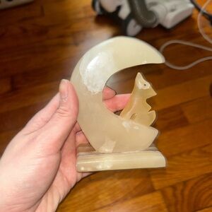 White Calcite Crescent Moon and Wolf Crystal Sculpture